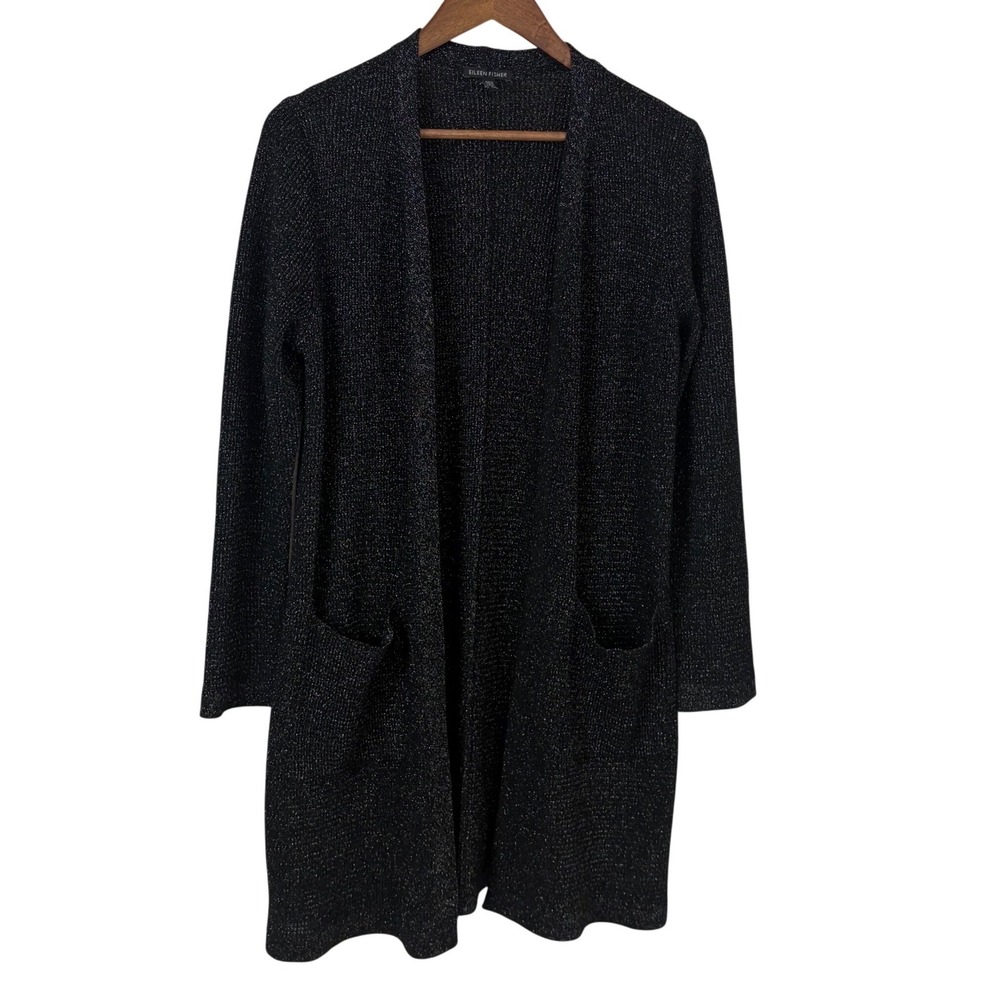 Eileen Fisher Cardigan Womens M Black Metallic Merino Wool Open Front Sweater